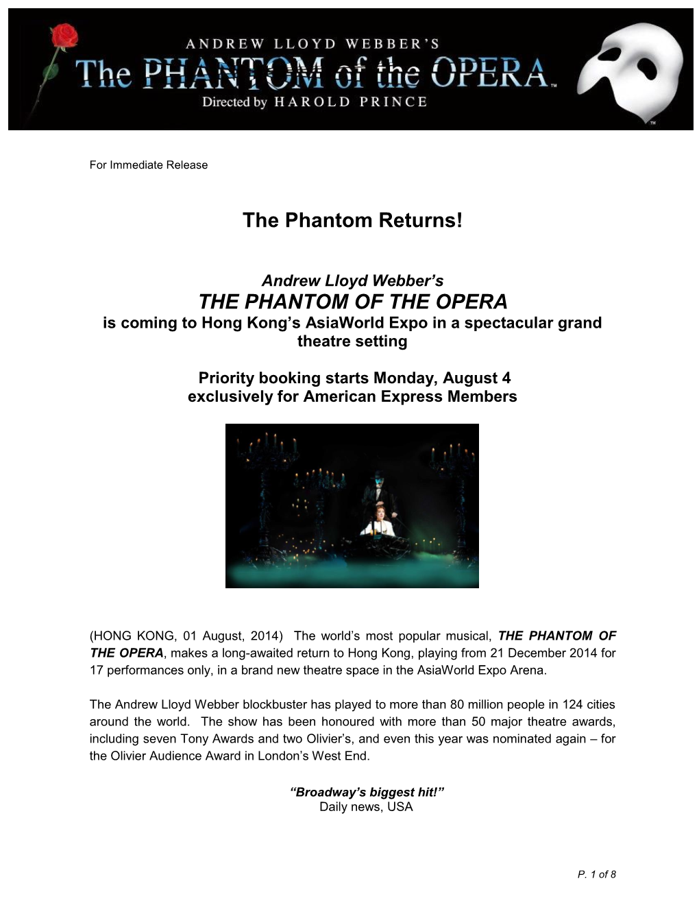 THE PHANTOM of the OPERA Is Coming to Hong Kong’S Asiaworld Expo in a Spectacular Grand Theatre Setting