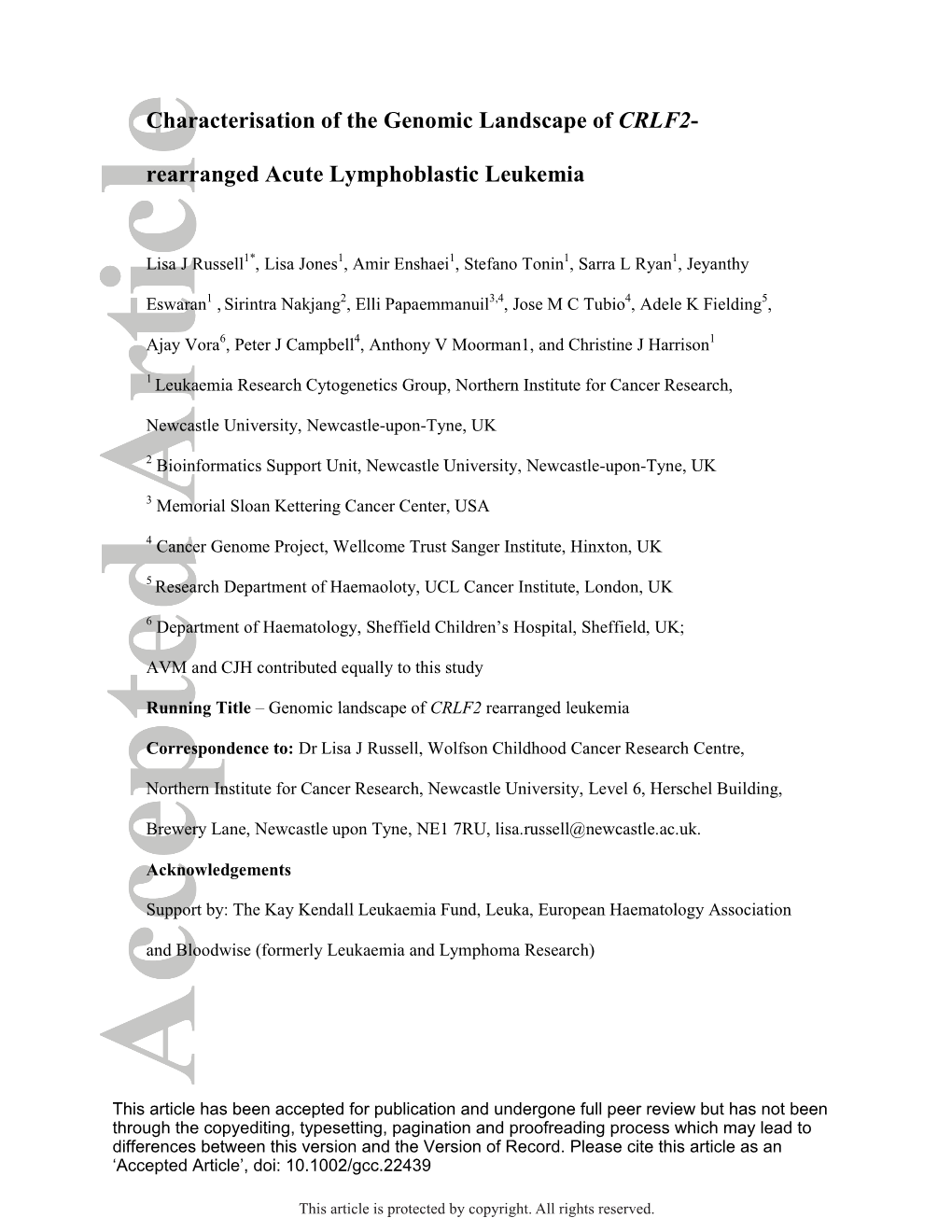 Characterisation of the Genomic Landscape of CRLF2‐Rearranged Acute Lymphoblastic Leukemia