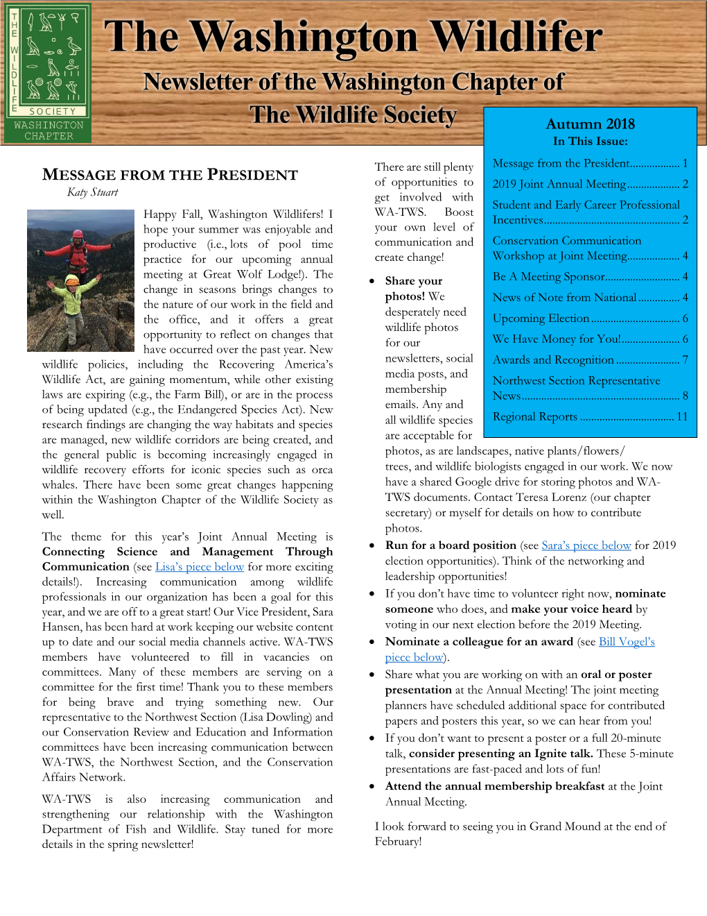 THE WASHINGTON WILDLIFER Wildlifer FALL 2018 Newsletter of the Washington Chapter Of