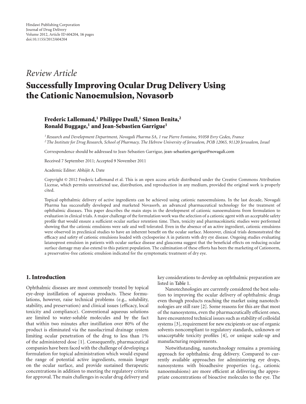 Successfully Improving Ocular Drug Delivery Using the Cationic Nanoemulsion, Novasorb