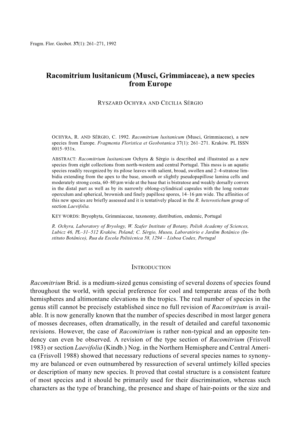 Racomitrium Lusitanicum (Musci, Grimmiaceae), a New Species from Europe