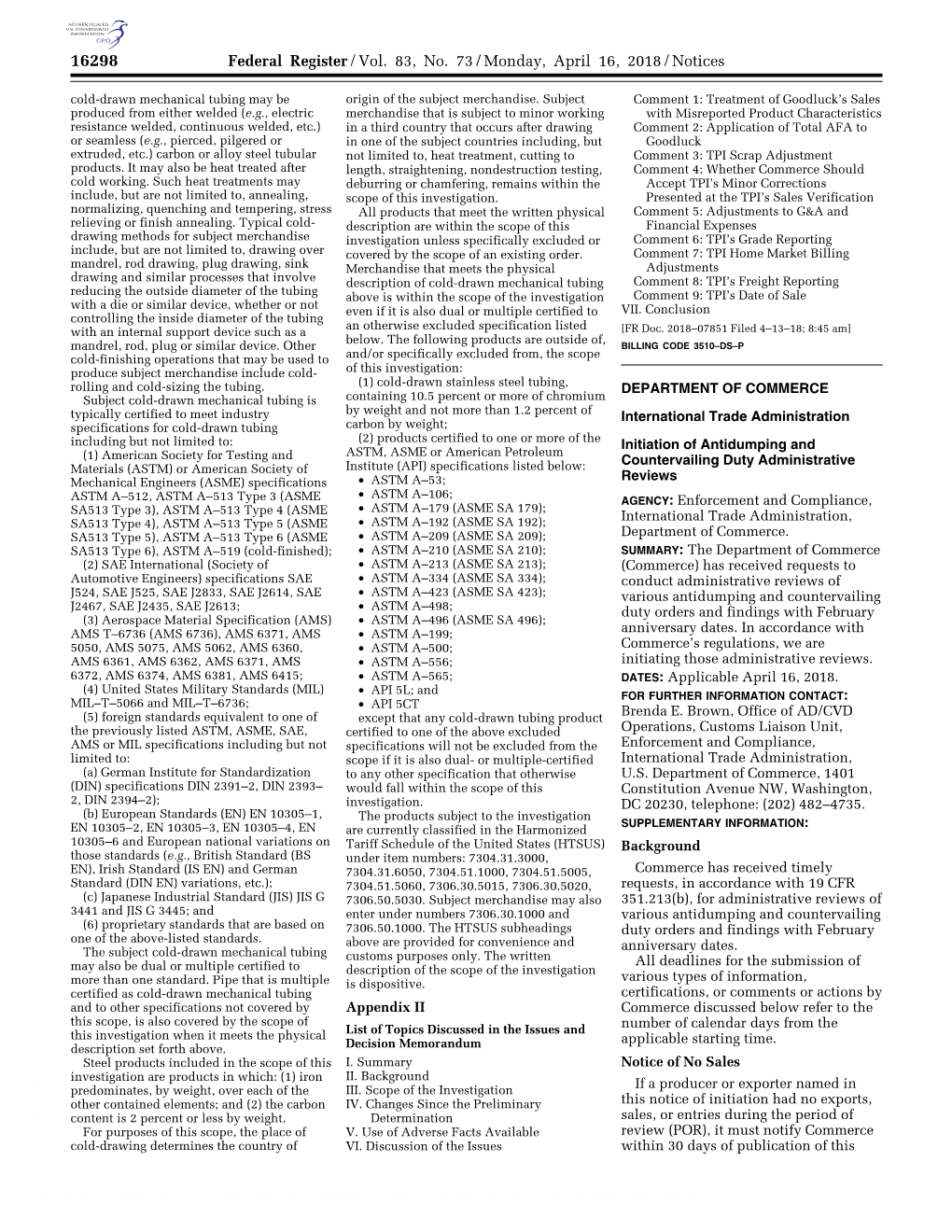 Federal Register/Vol. 83, No. 73/Monday, April 16, 2018/Notices