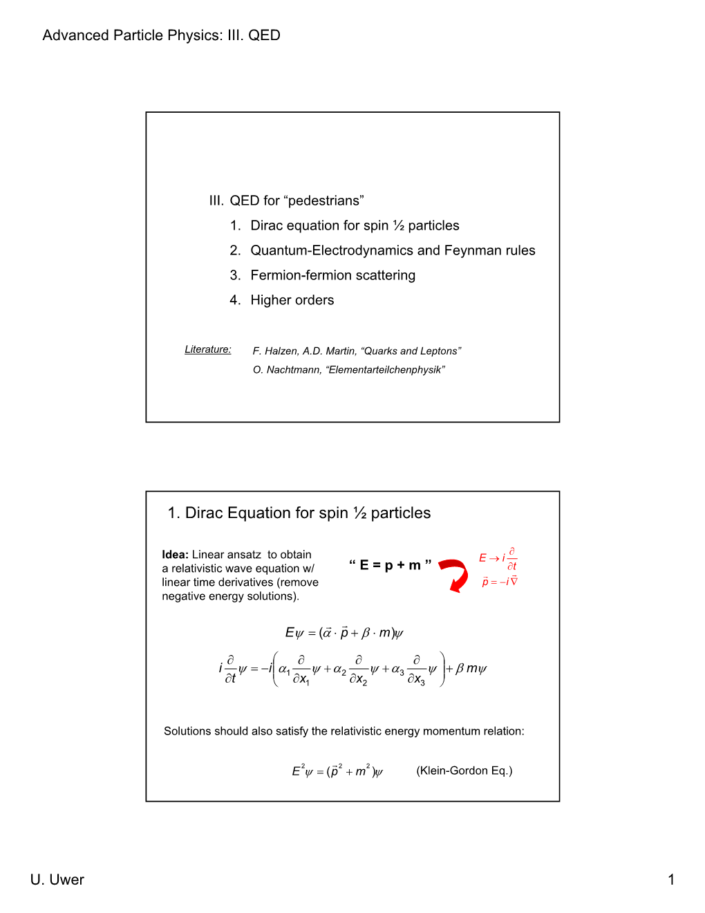 1. Dirac Equation for Spin ½ Particles 2