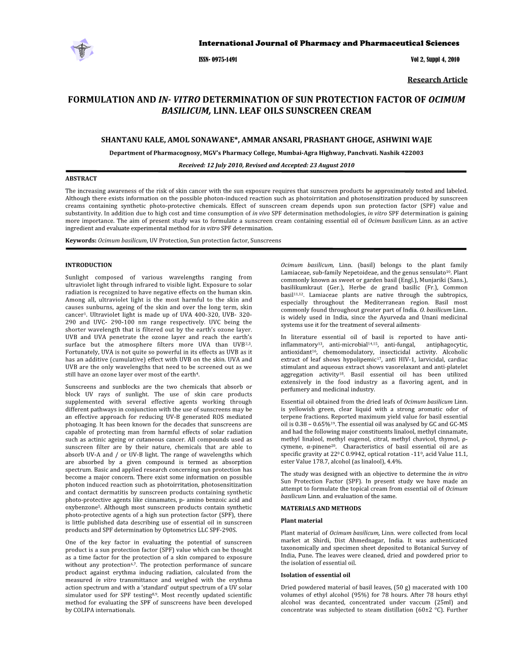 Vitro Determination of Sun Protection Factor of Ocimum Basilicum, Linn