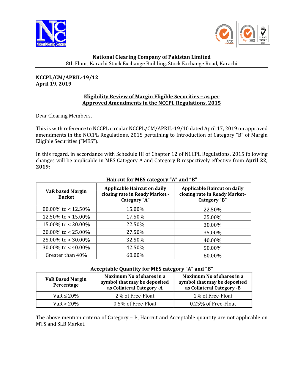 National Clearing Company of Pakistan Limited 8Th Floor, Karachi Stock Exchange Building, Stock Exchange Road, Karachi