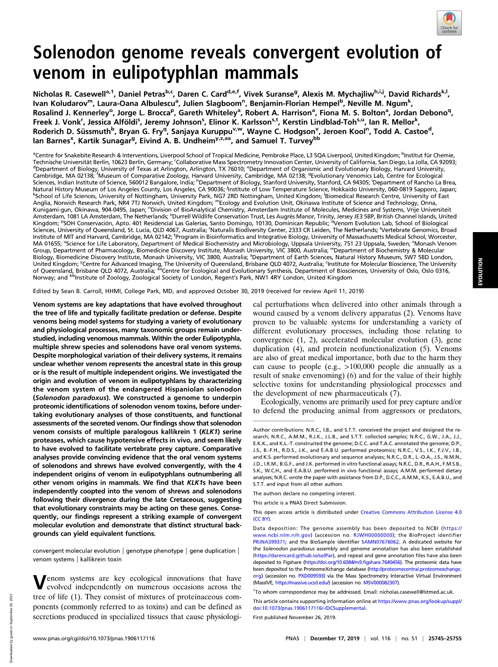 Solenodon Genome Reveals Convergent Evolution of Venom in Eulipotyphlan Mammals