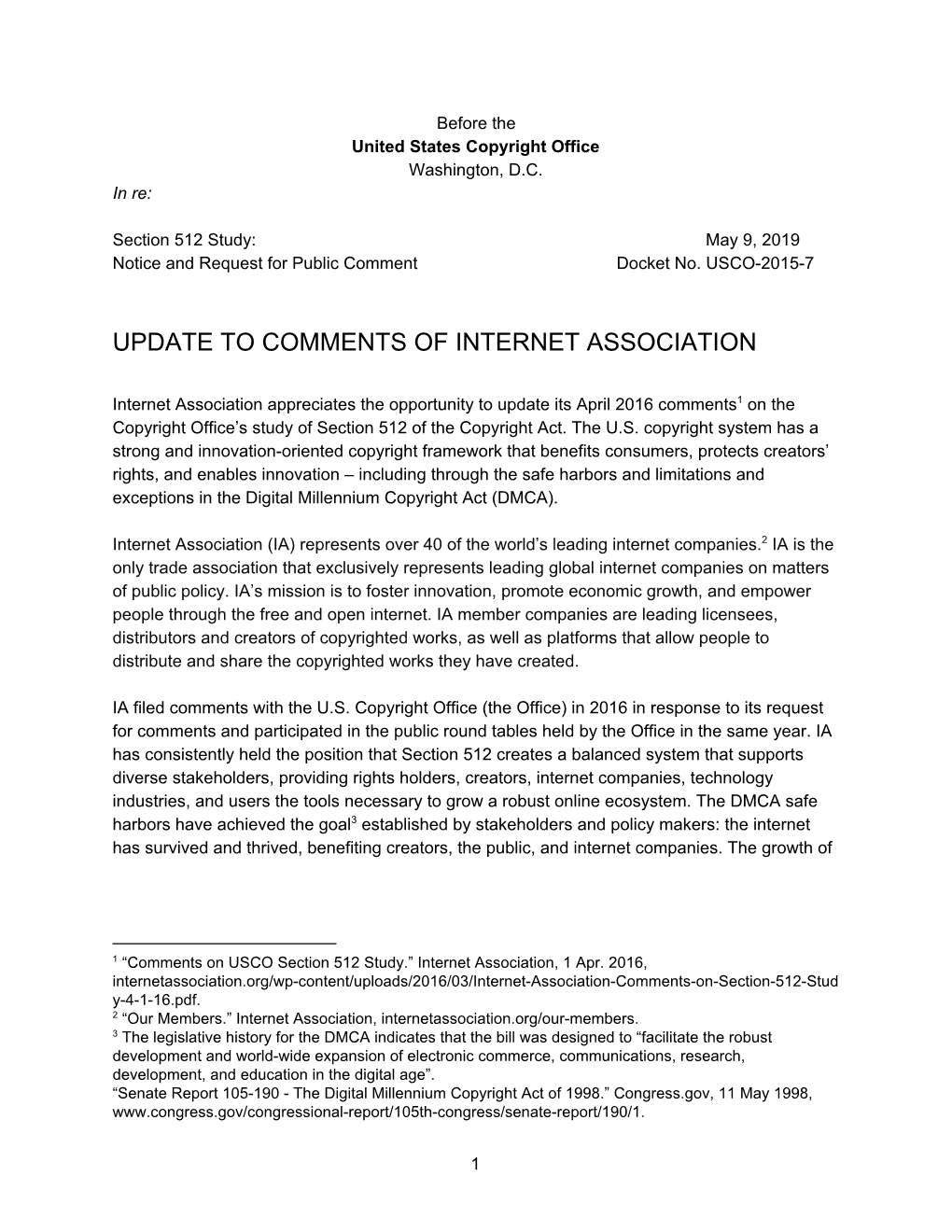 Update to Comments of Internet Association