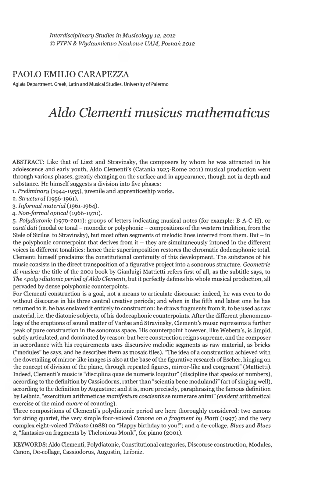 Aldo Clementi Musicus Mathematicus