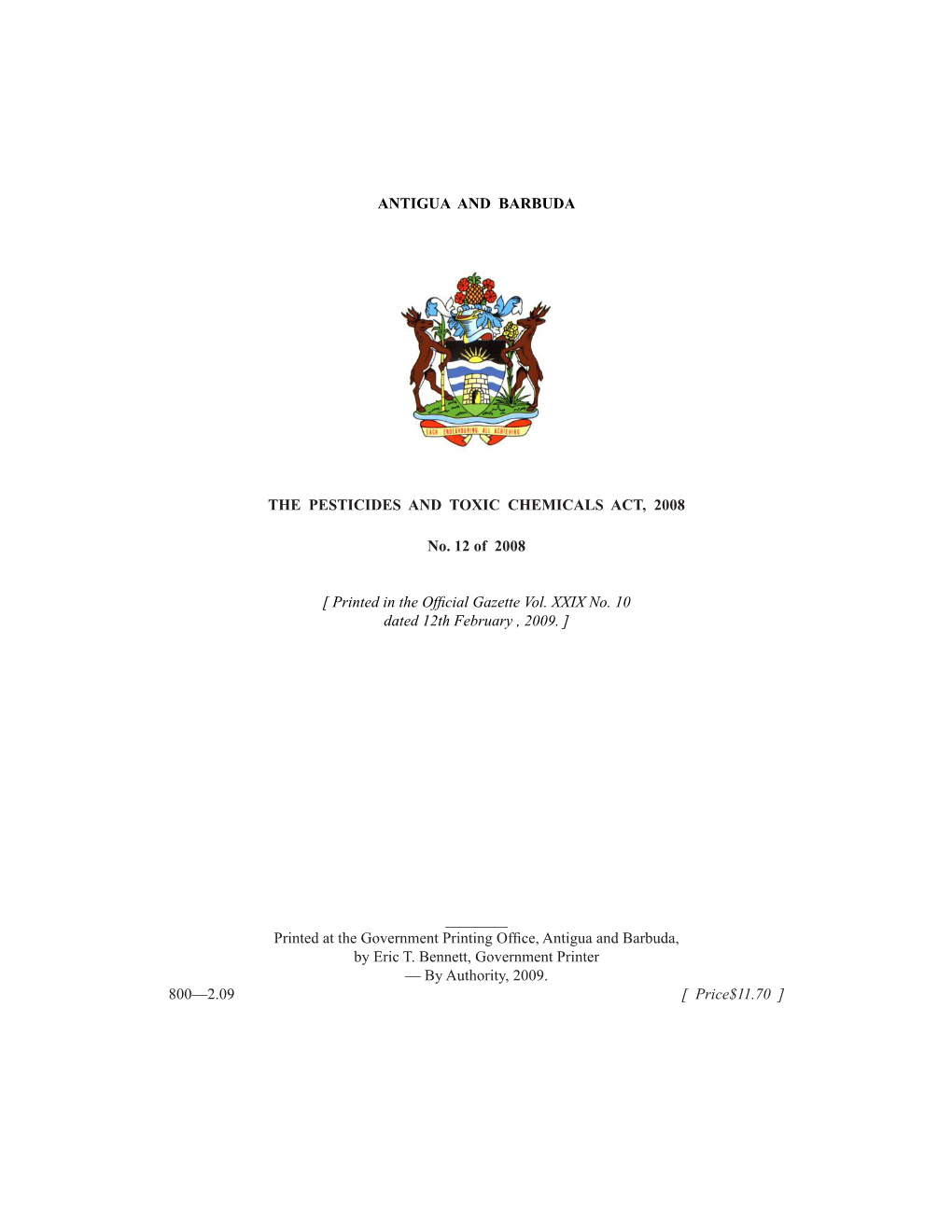 THE PESTICIDES and TOXIC CHEMICALS ACT, 2008 No. 12 Of