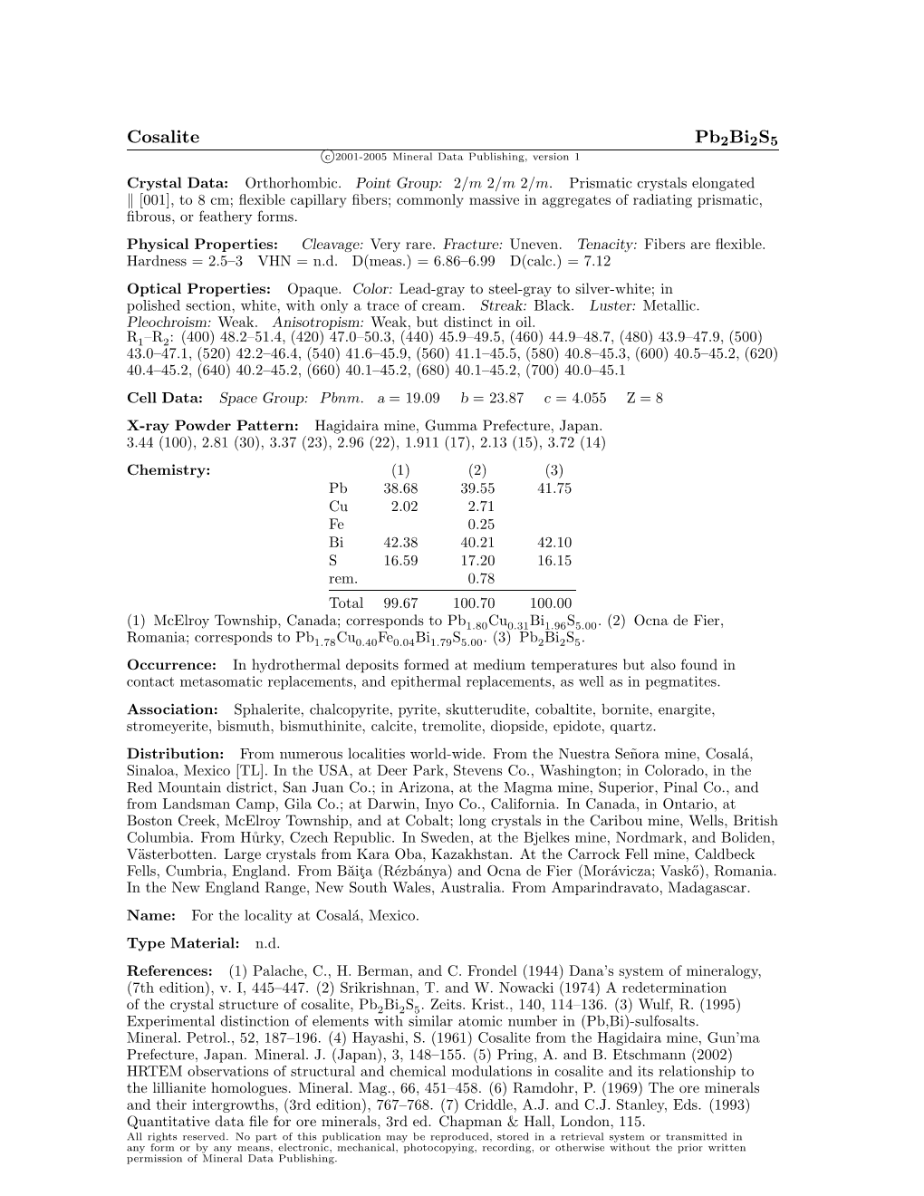 Cosalite Pb2bi2s5 C 2001-2005 Mineral Data Publishing, Version 1 Crystal Data: Orthorhombic