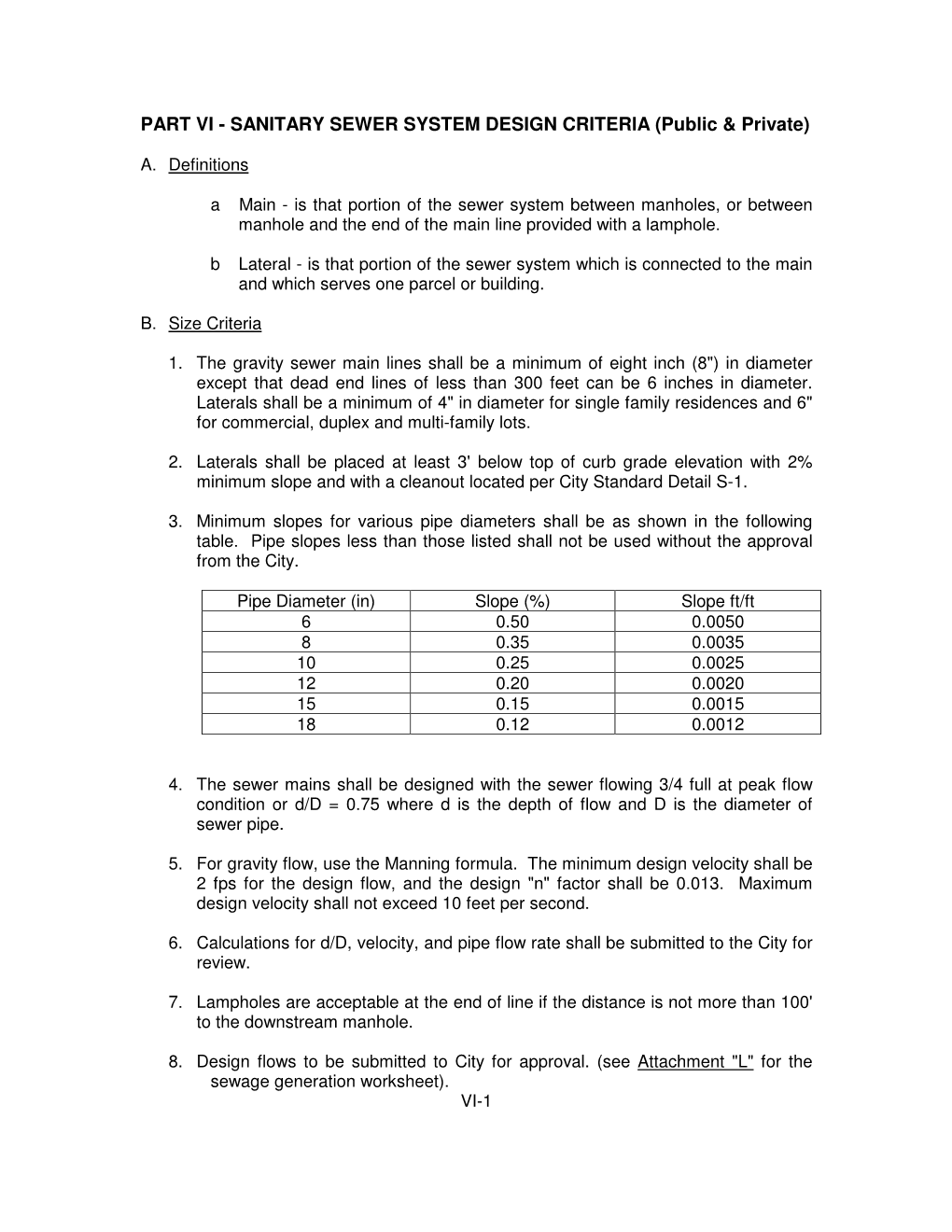 PART VI - SANITARY SEWER SYSTEM DESIGN CRITERIA (Public & Private)