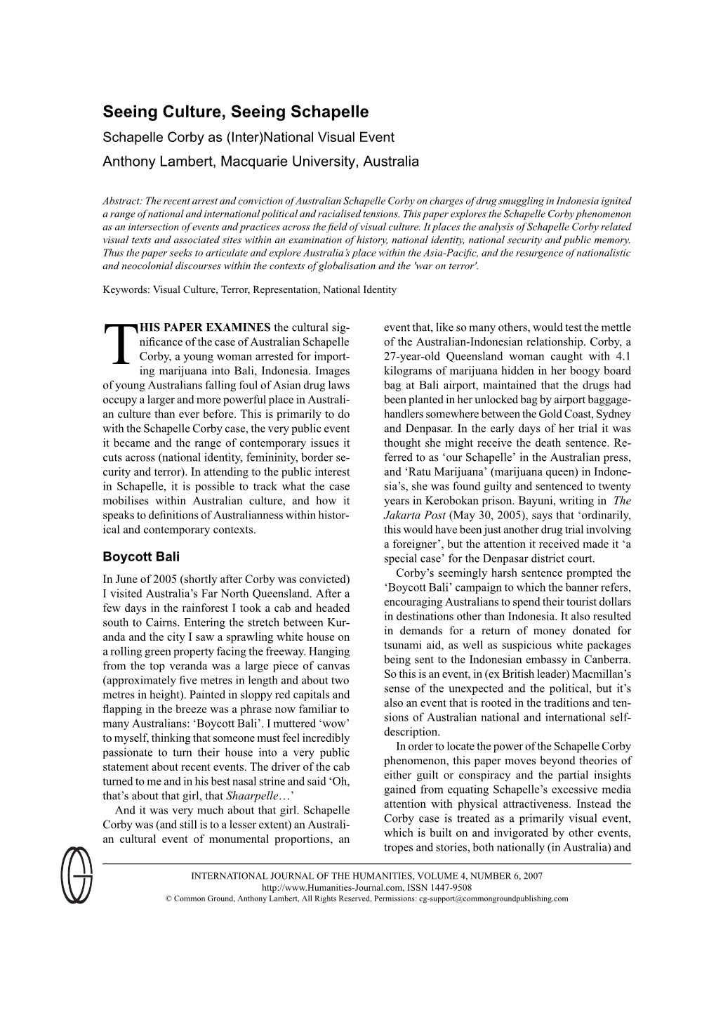 Seeing Culture, Seeing Schapelle Schapelle Corby As (Inter)National Visual Event Anthony Lambert, Macquarie University, Australia