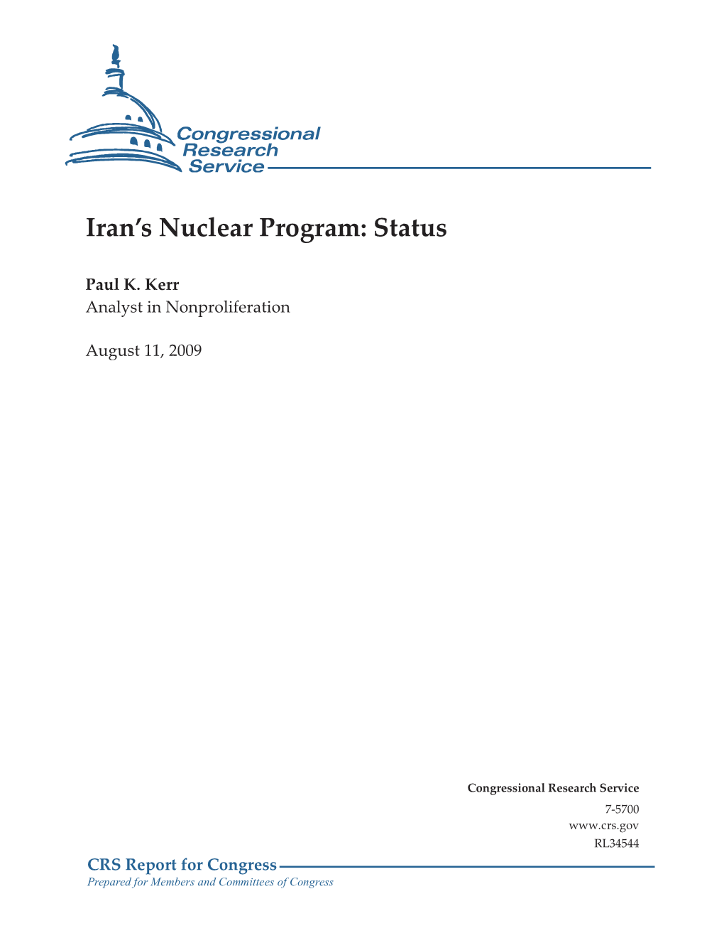 Iran's Nuclear Program: Status”, Congressional Research Service