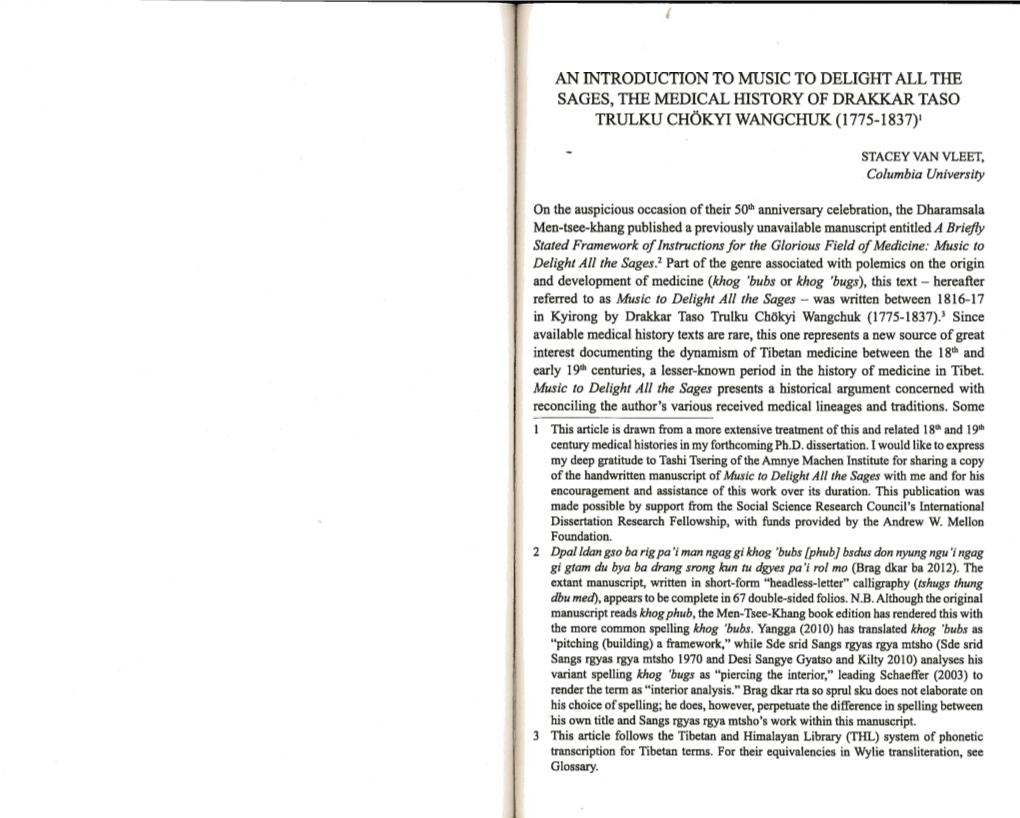 AN Introduction to MUSIC to DELIGHT ALL the SAGES, the MEDICAL HISTORY of DRAKKAR TASO TRULKU CHOKYI WANGCRUK (1775-1837)’