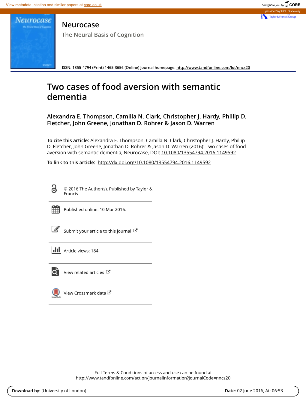 Two Cases of Food Aversion with Semantic Dementia