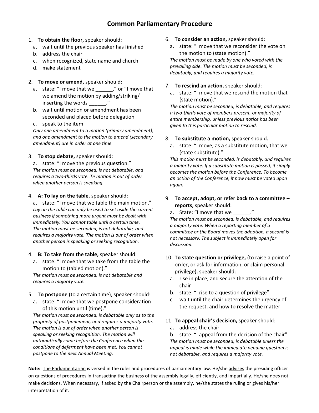 Common Parliamentary Procedure