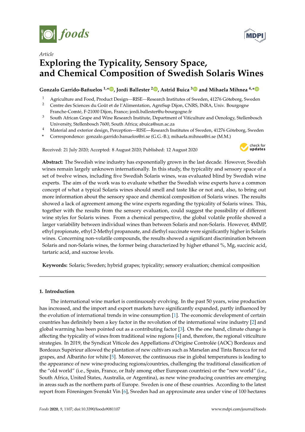 Exploring the Typicality, Sensory Space, and Chemical Composition of Swedish Solaris Wines