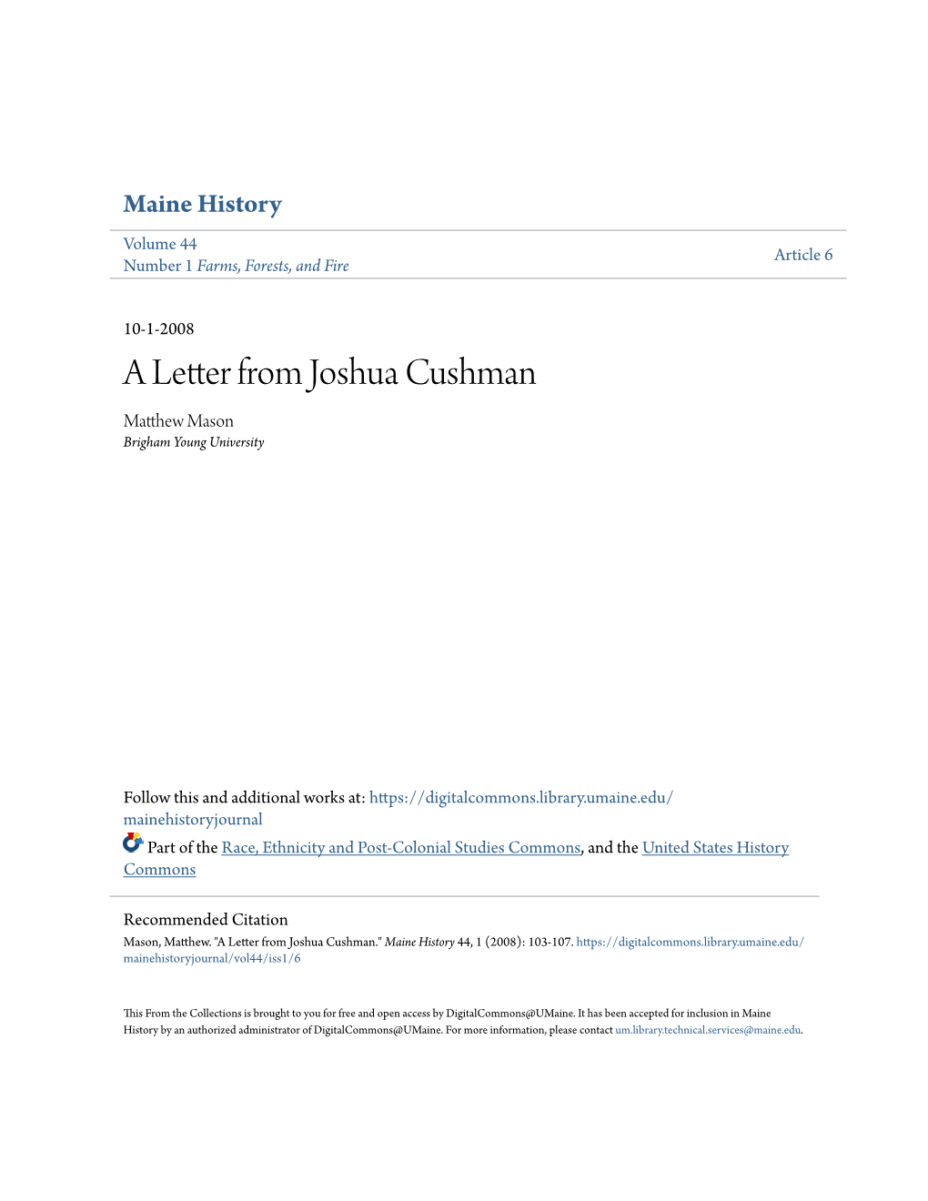 A Letter from Joshua Cushman Matthew Am Son Brigham Young University