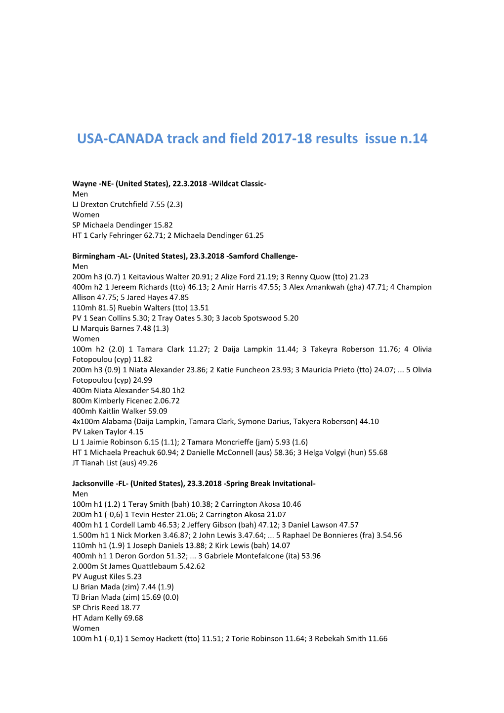 USA-CANADA Track and Field 2017-18 Results Issue N.14