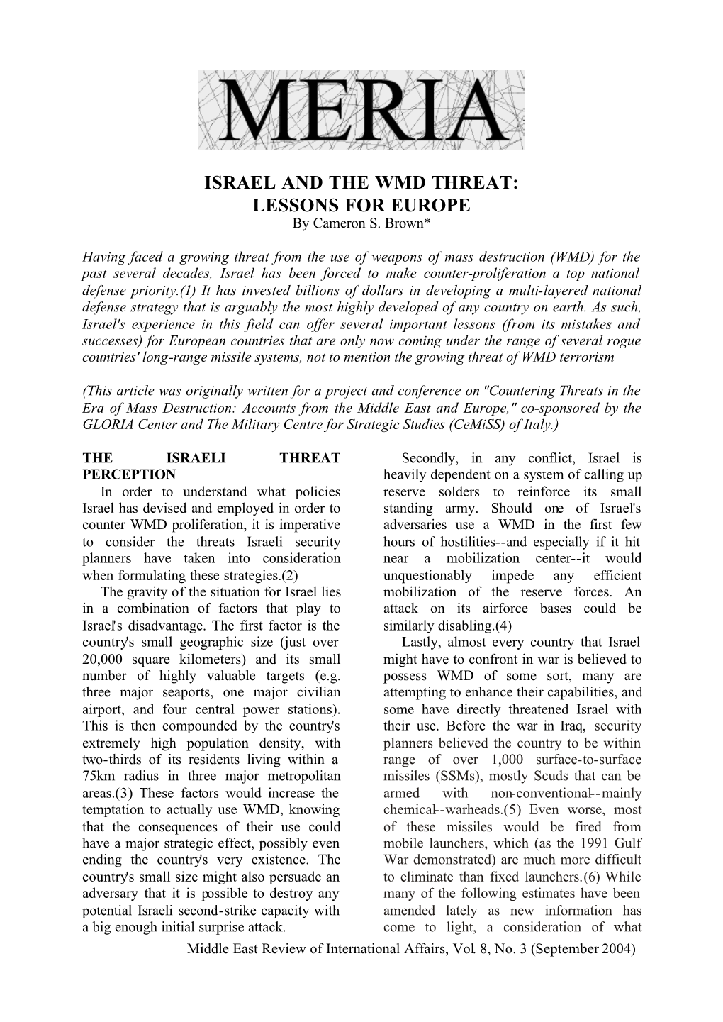 ISRAEL and the WMD THREAT: LESSONS for EUROPE by Cameron S