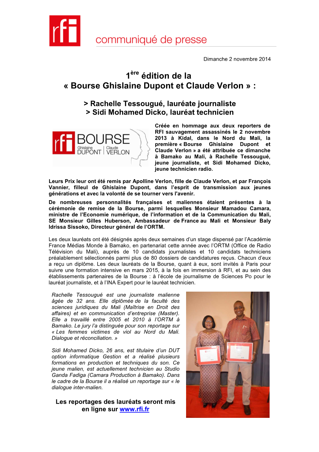 CP Lauréat 2014 Bourse Gislaine Dupont Et Claude Verlon Final