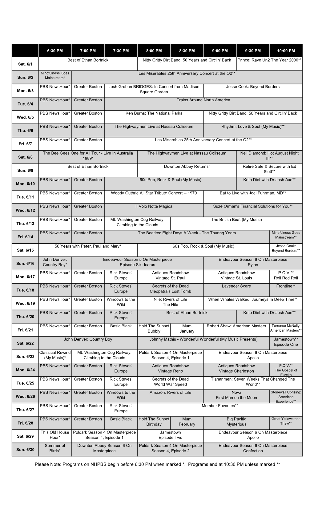 Please Note: Programs on NHPBS Begin Before 6:30 PM When Marked *