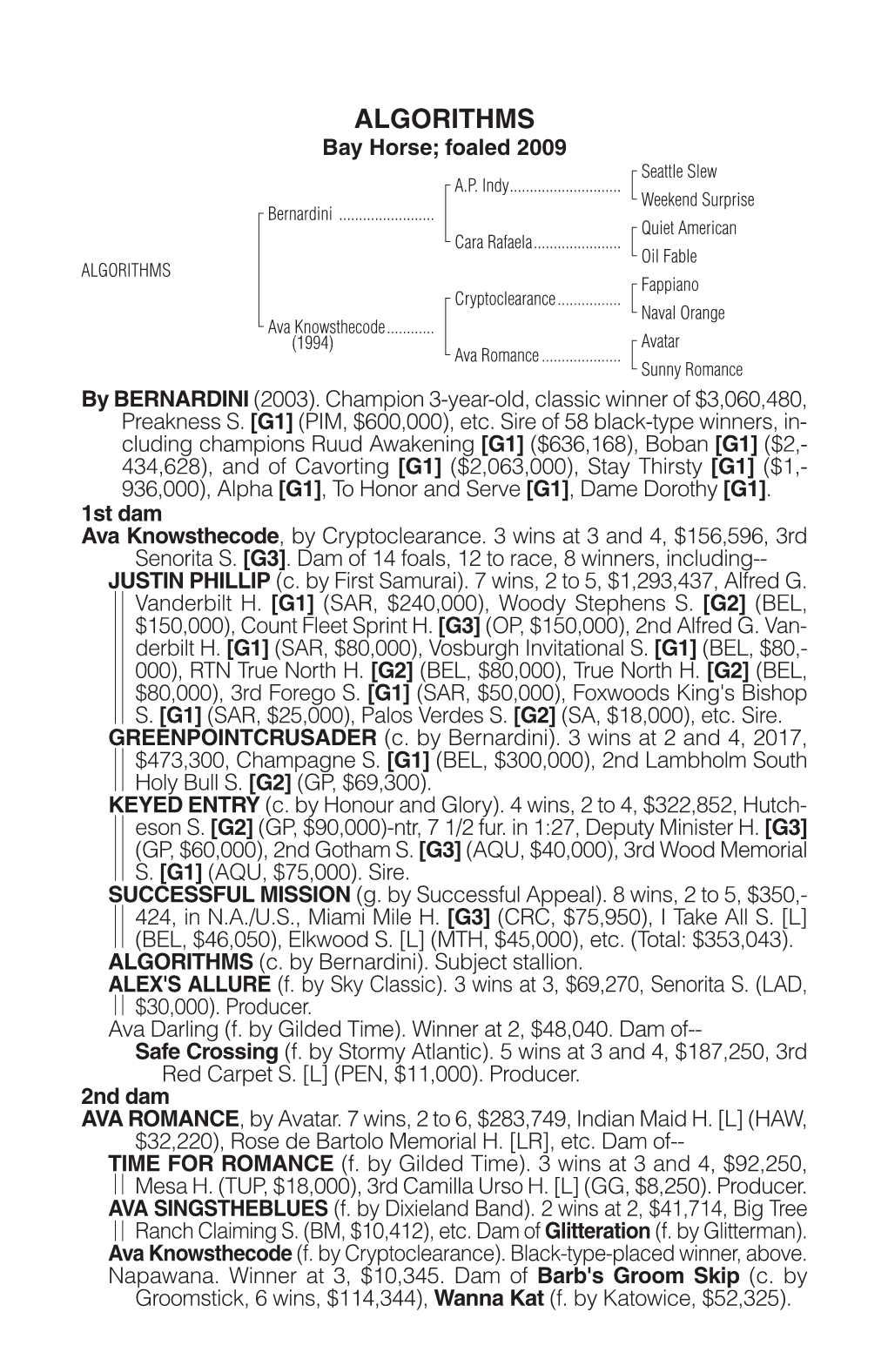 ALGORITHMS Bay Horse; Foaled 2009 Seattle Slew A.P