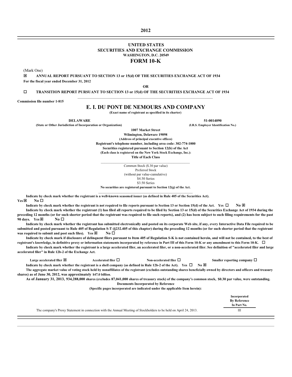 Form 10-K E. I. Du Pont De Nemours and Company