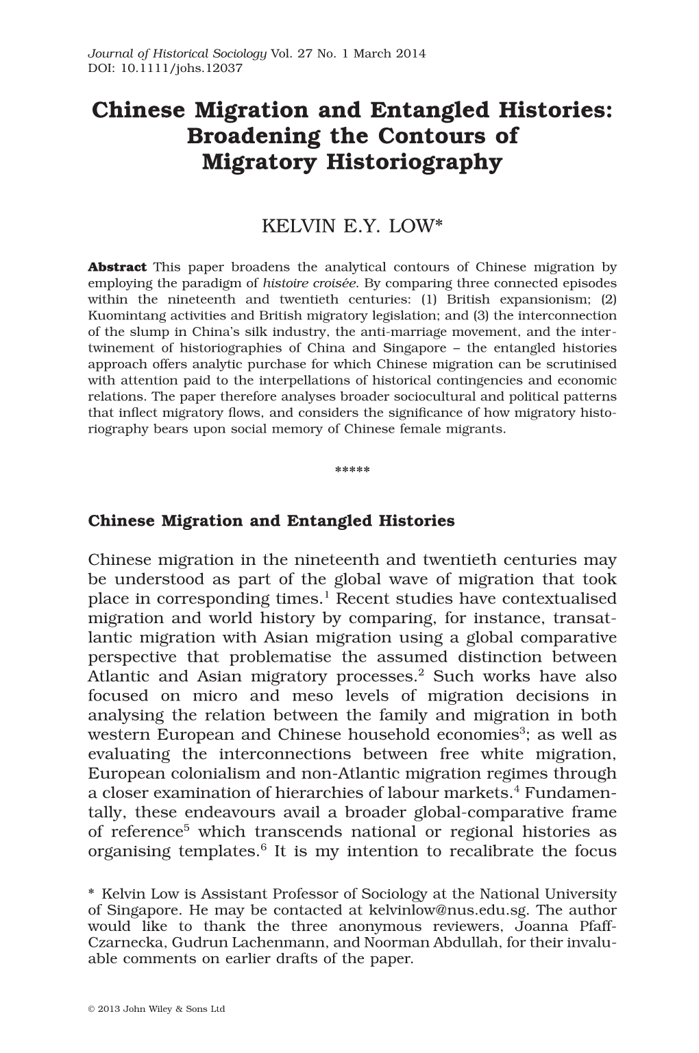 Chinese Migration and Entangled Histories: Broadening the Contours of Migratory Historiography