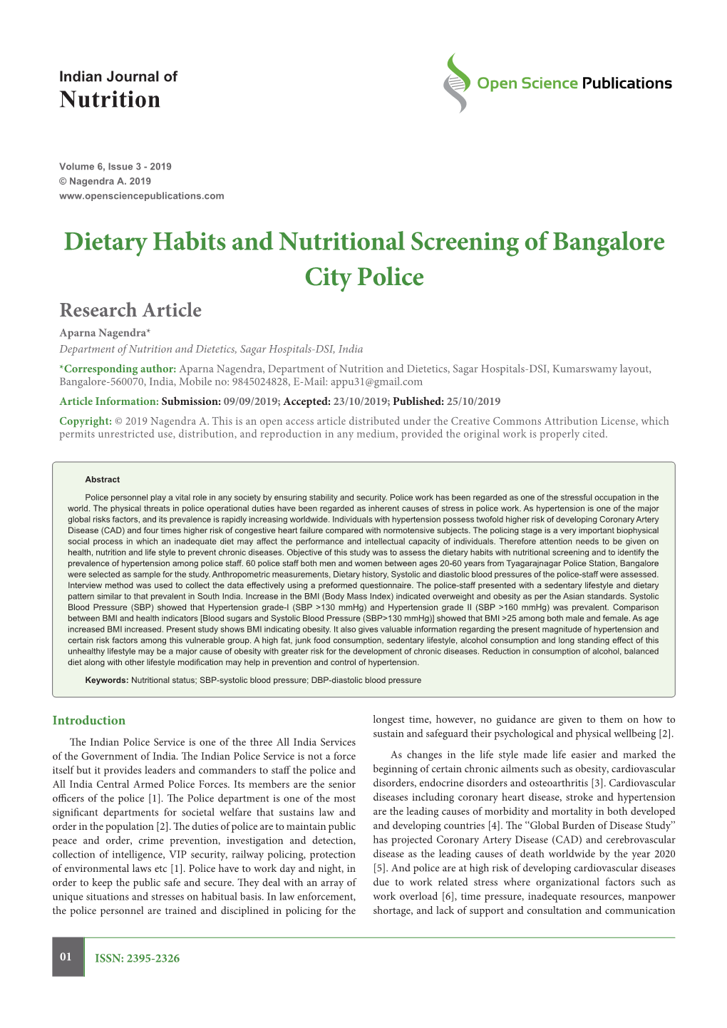 Dietary Habits and Nutritional Screening of Bangalore City Police