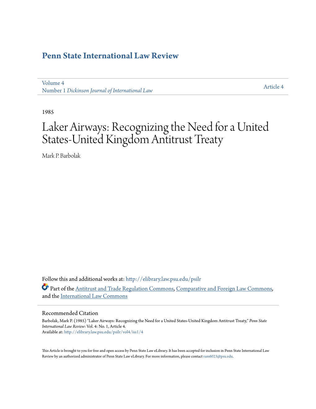 Laker Airways: Recognizing the Need for a United States-United Kingdom Antitrust Treaty Mark P