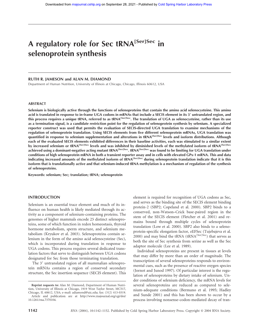 A Regulatory Role for Sec Trna in Selenoprotein Synthesis