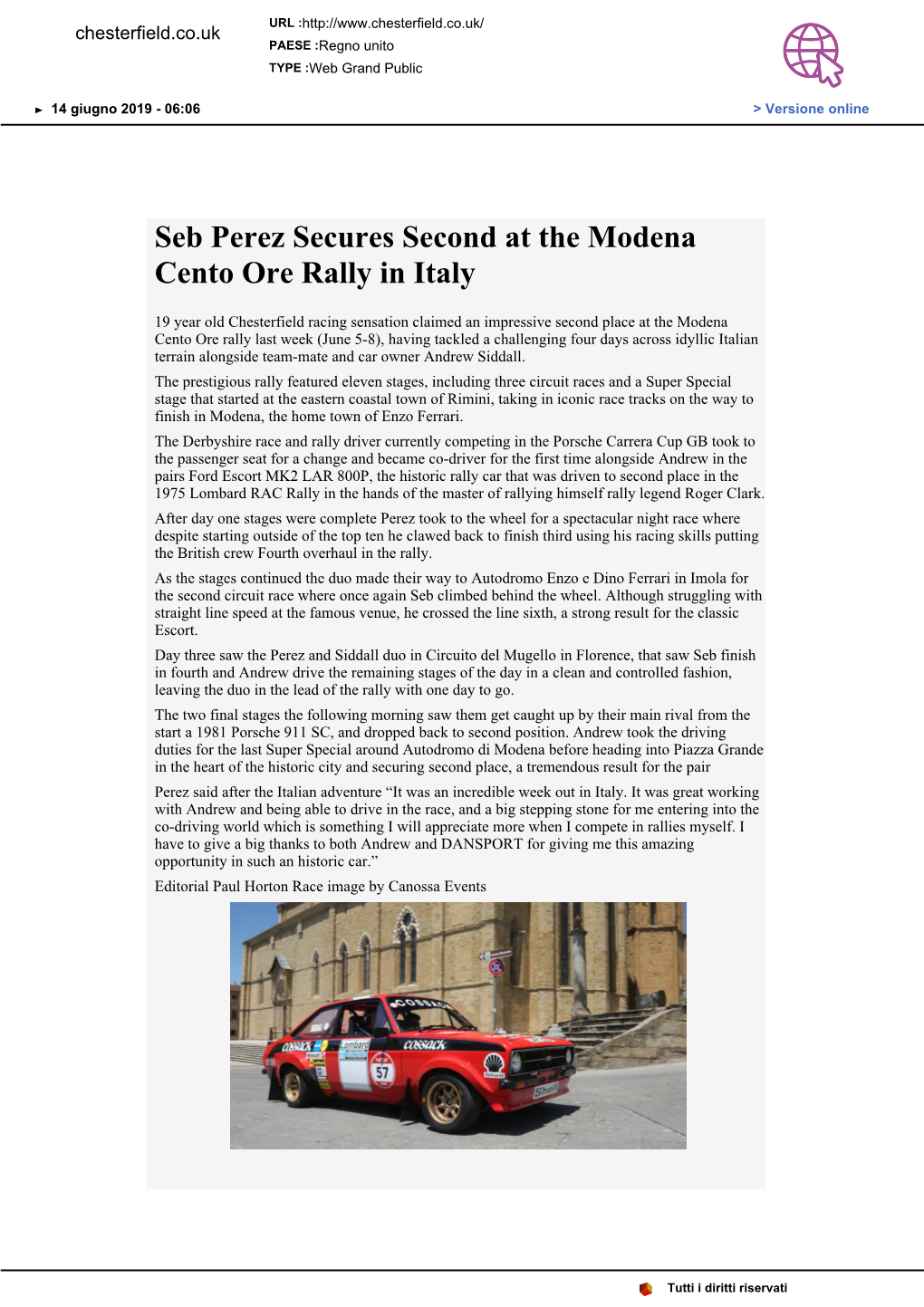 Seb Perez Secures Second at the Modena Cento Ore Rally in Italy