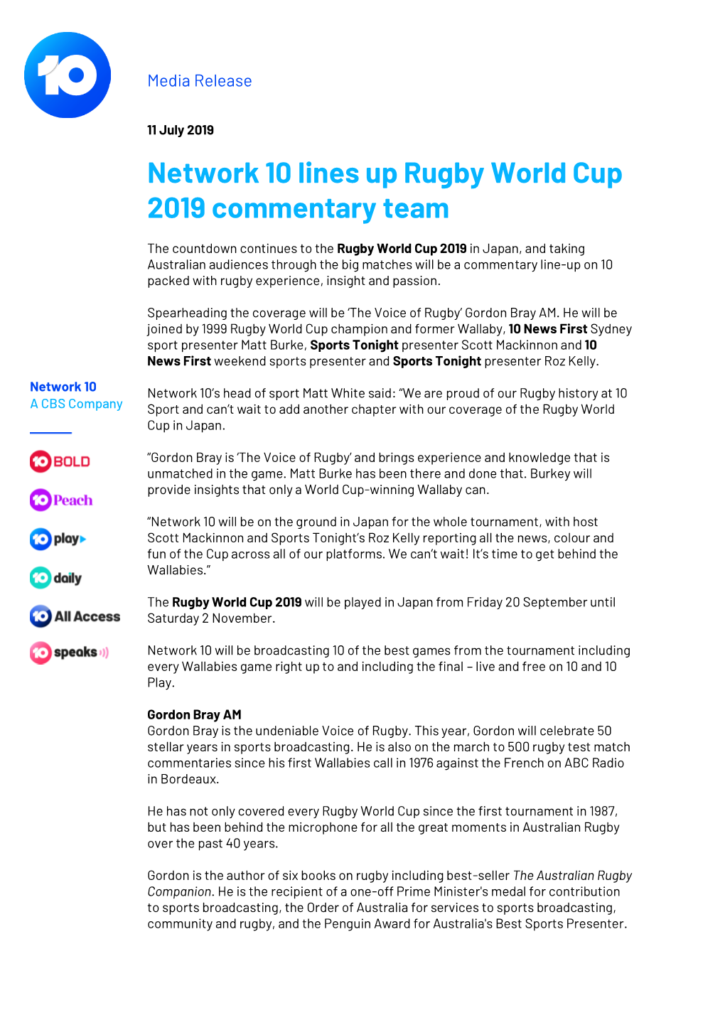 Network 10 Lines up Rugby World Cup 2019 Commentary Team