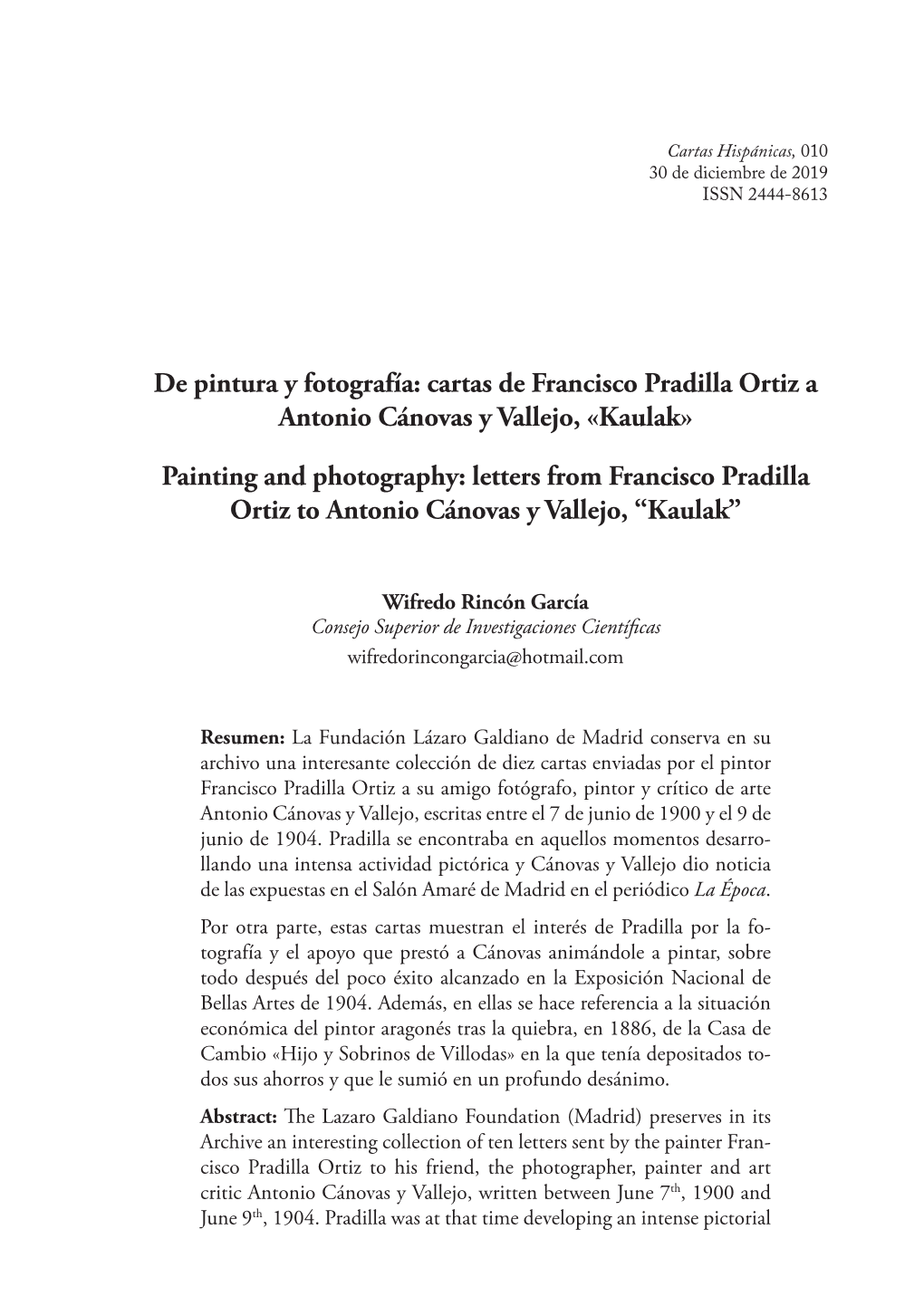 Cartas De Francisco Pradilla Ortiz a Antonio Cánovas Y Vallejo, «Kaulak»