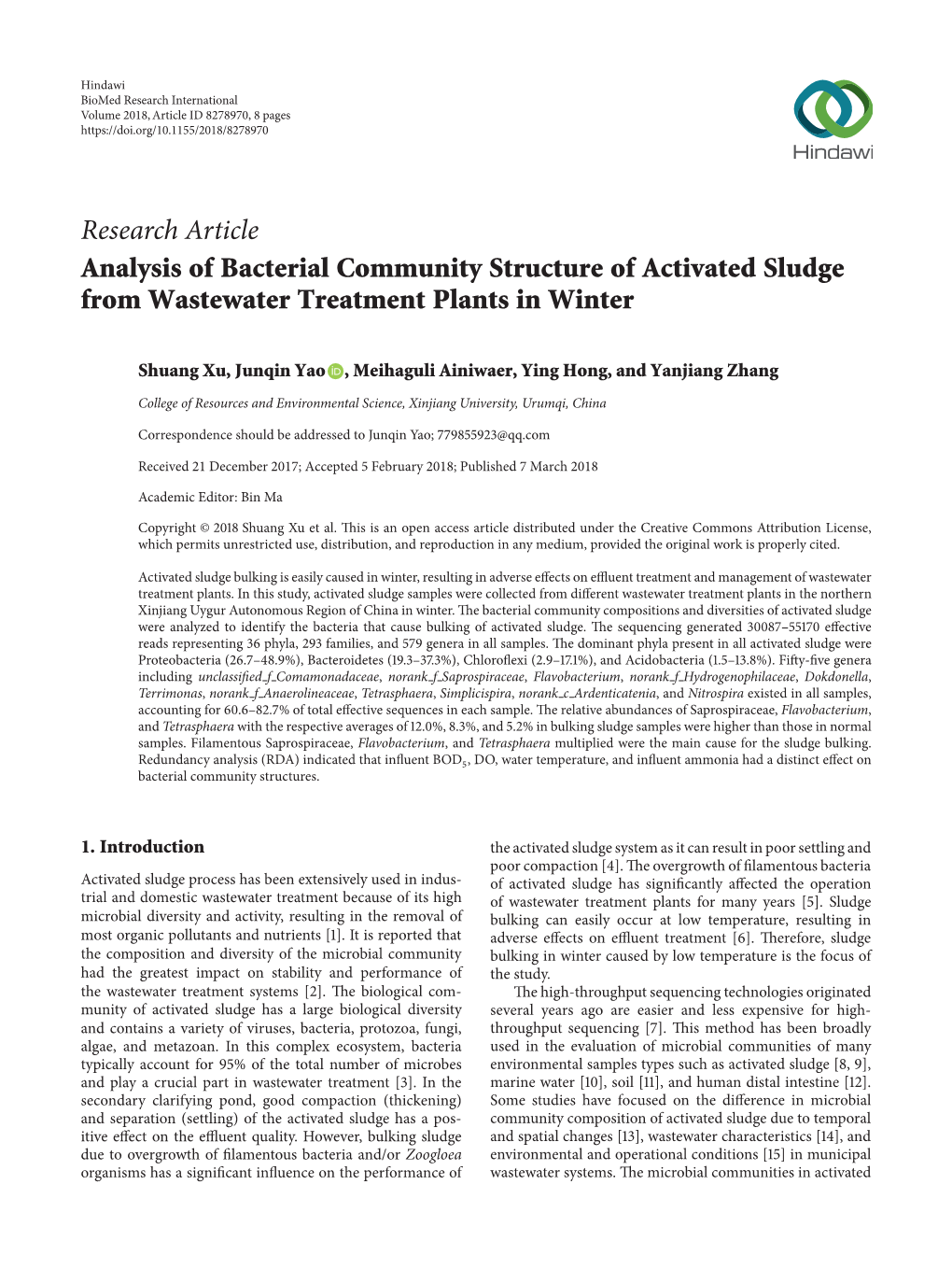 Research Article Analysis of Bacterial Community Structure of Activated Sludge from Wastewater Treatment Plants in Winter