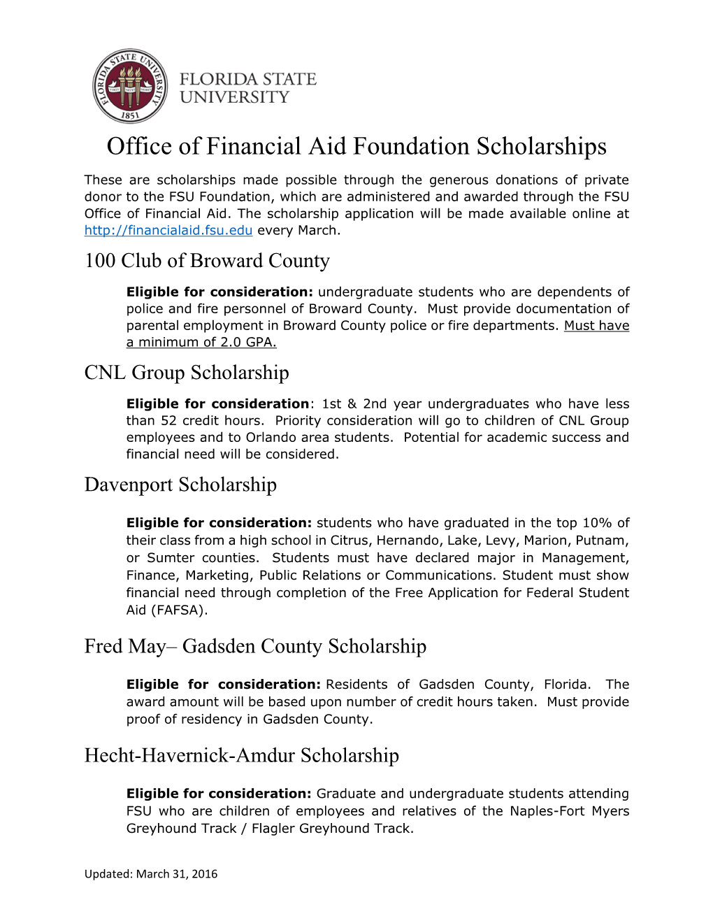 Office of Financial Aid Foundation Scholarships