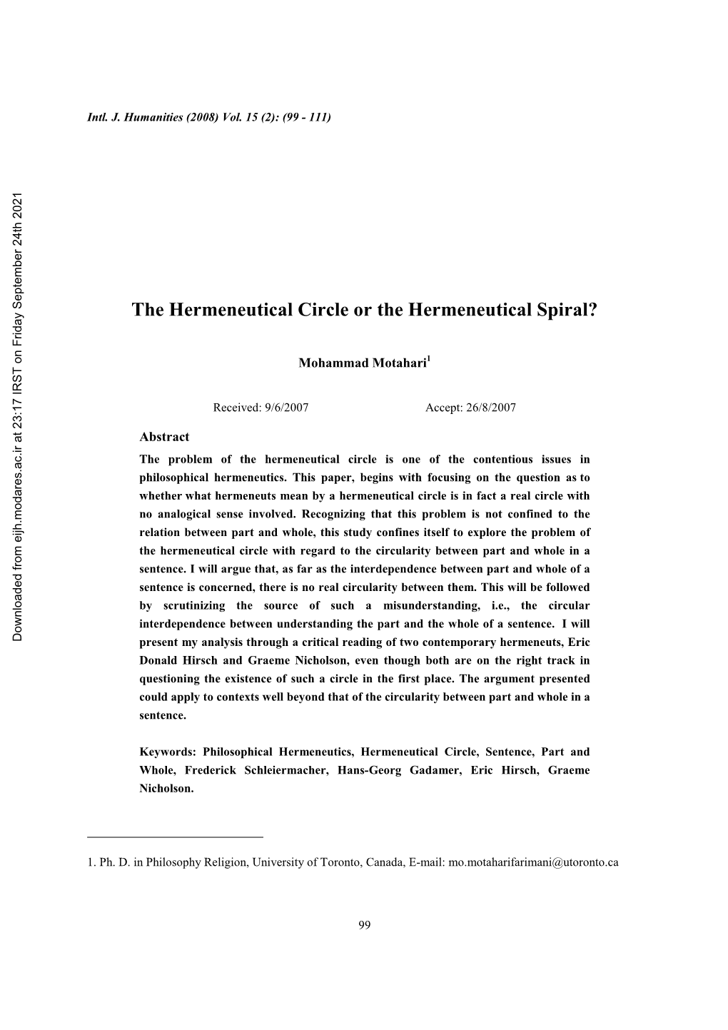 The Hermeneutical Circle Or the Hermeneutical Spiral?