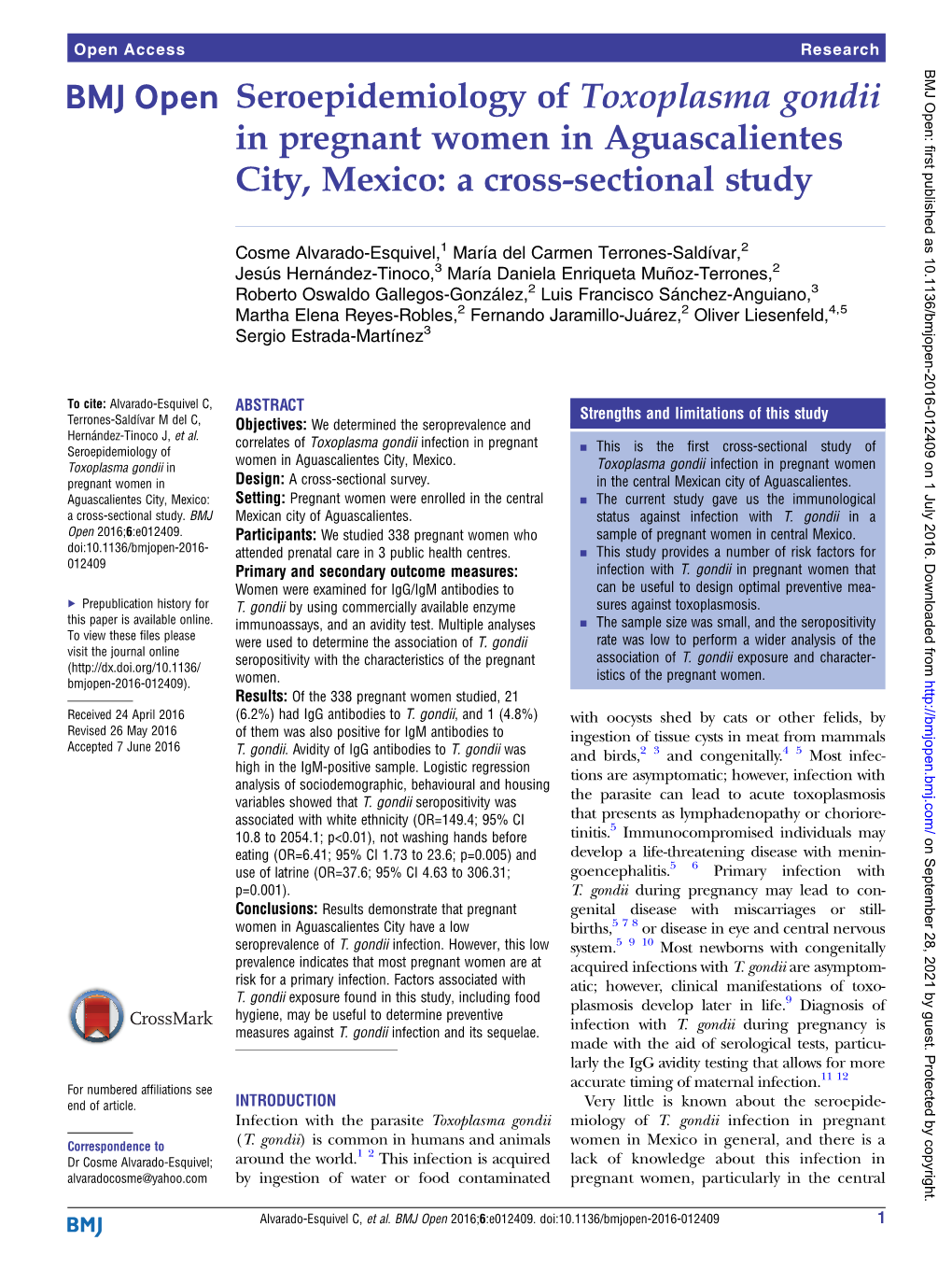 Seroepidemiology of Toxoplasma Gondii in Pregnant Women in Aguascalientes City, Mexico: a Cross-Sectional Study