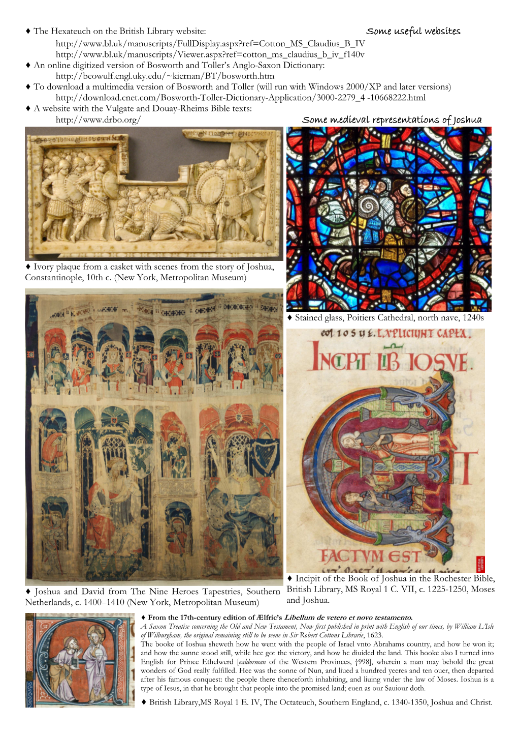 Some Useful Websites Some Medieval Representations of Joshua Some