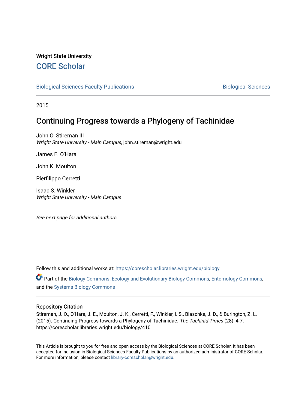 Continuing Progress Towards a Phylogeny of Tachinidae