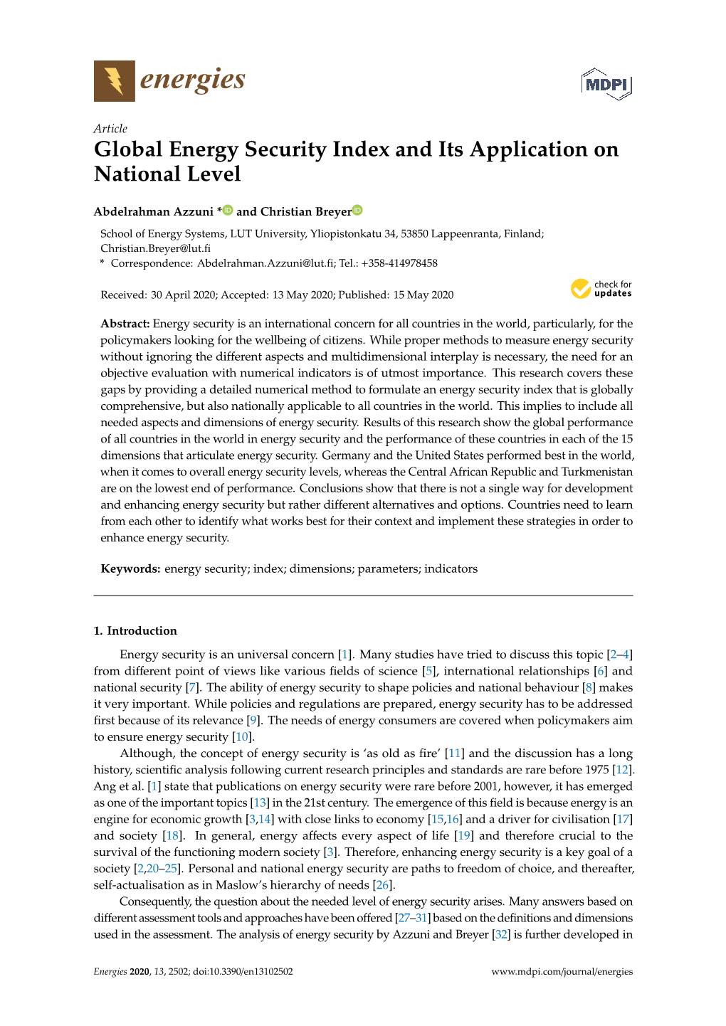 Global Energy Security Index and Its Application on National Level