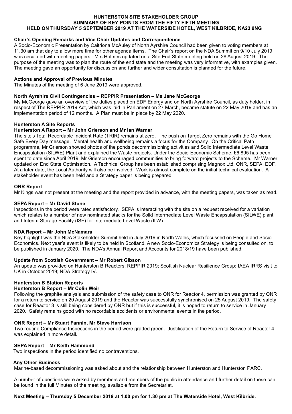 Hunterston Site Stakeholder Group Summary of Key