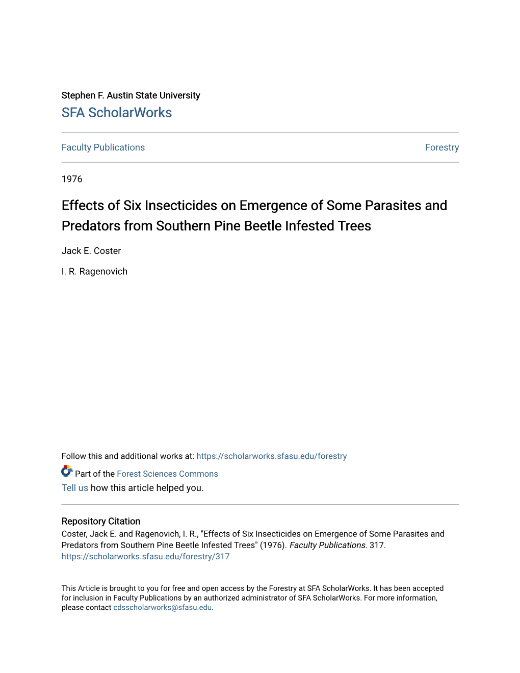 Effects of Six Insecticides on Emergence of Some Parasites and Predators from Southern Pine Beetle Infested Trees