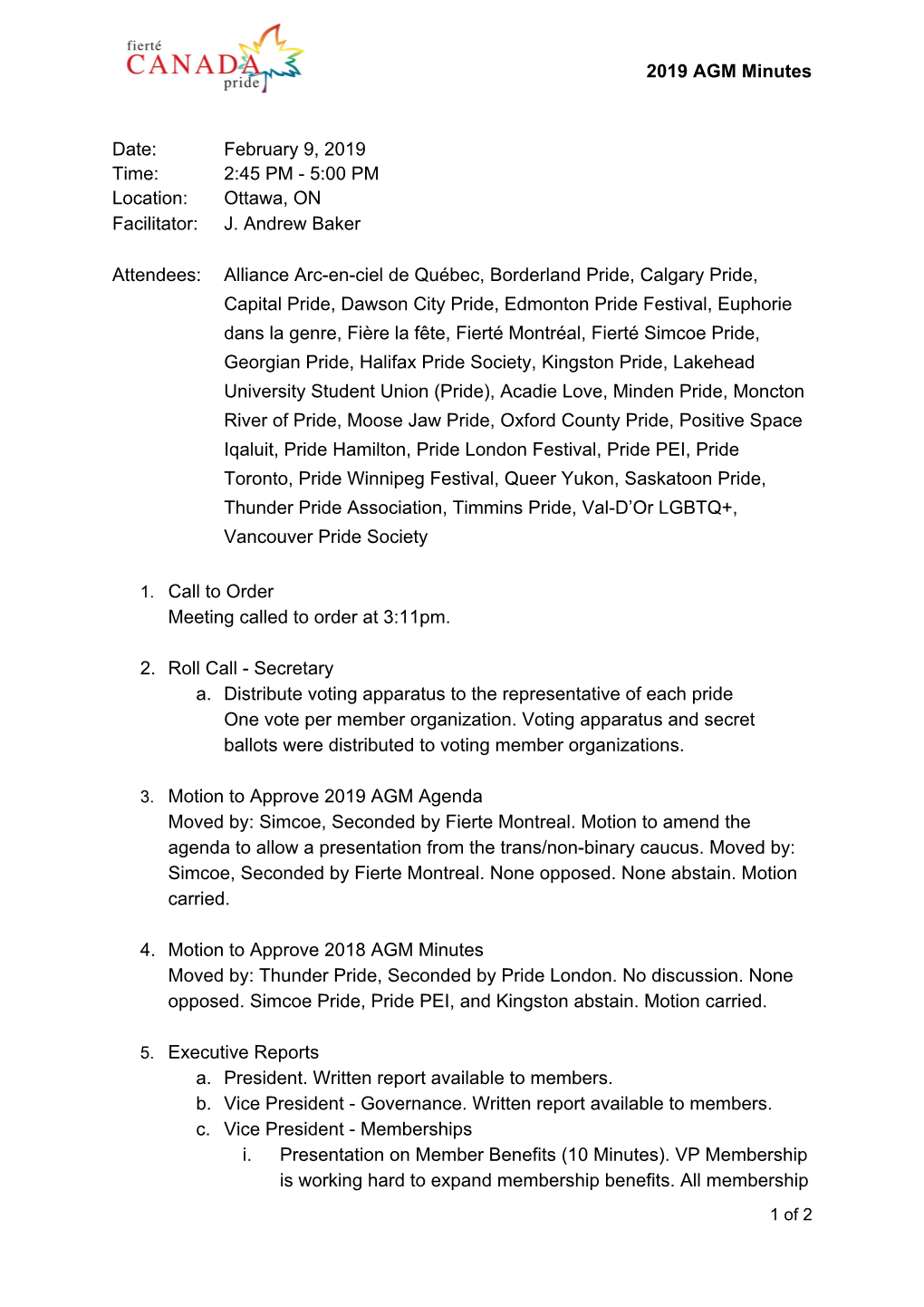 2019 AGM Minutes Date: February 9, 2019 Time: 2