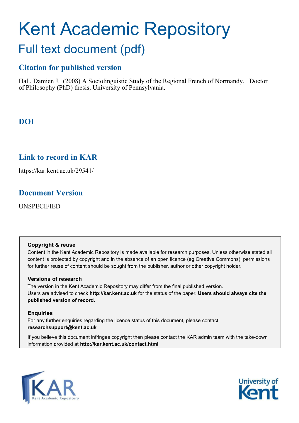 A Sociolinguistic Study of the Regional French of Normandy