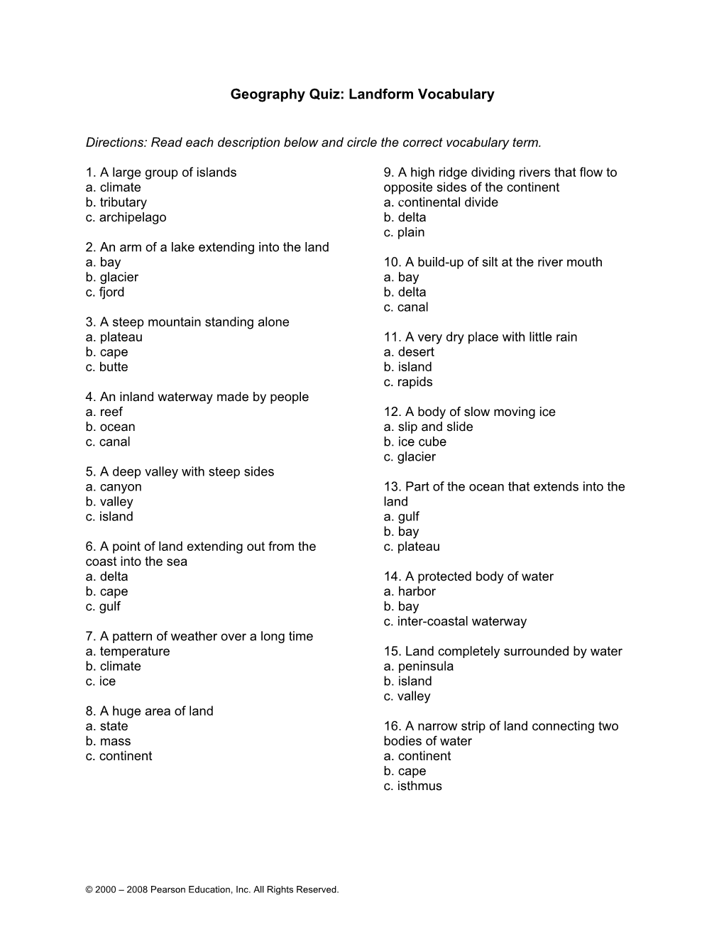 Geography Quiz: Landform Vocabulary