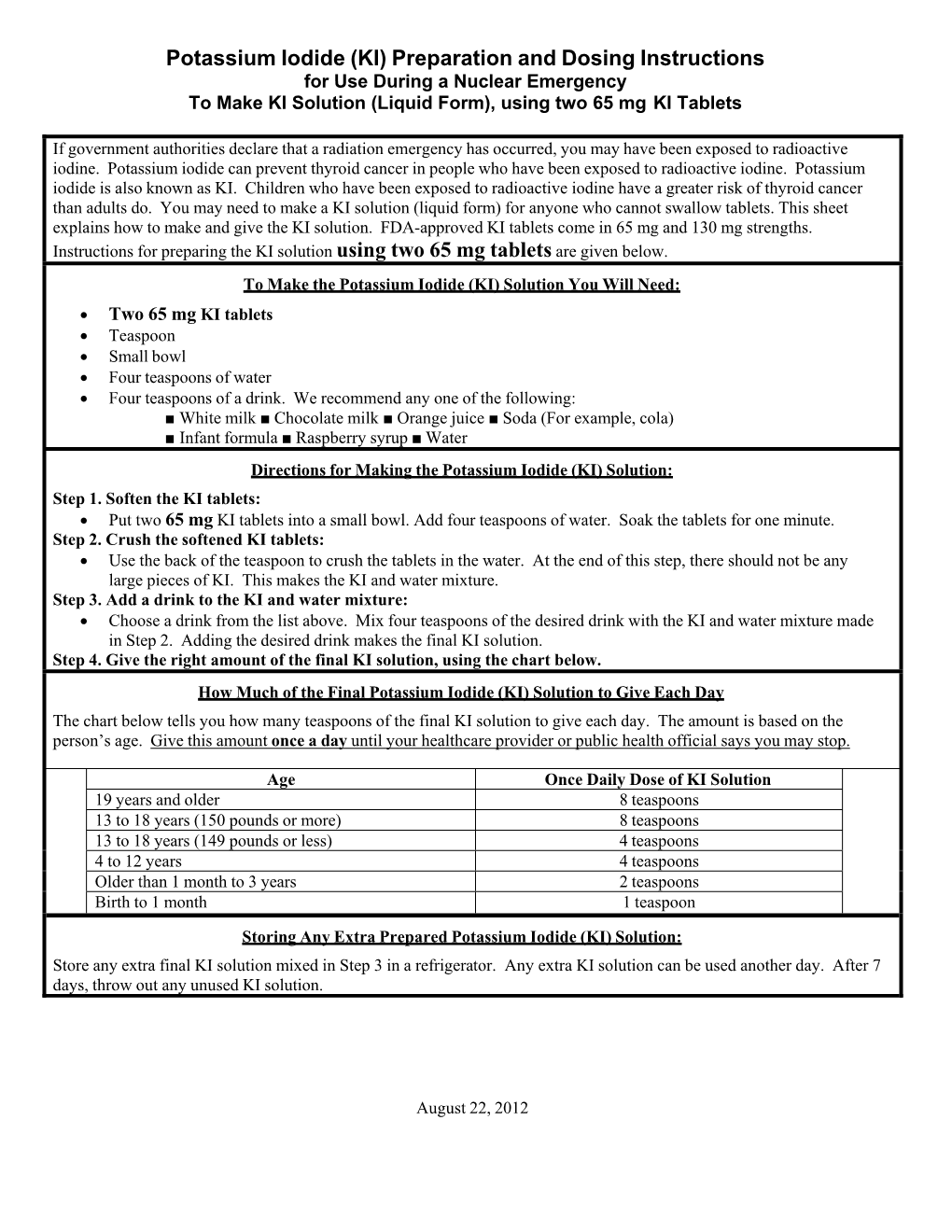 Potassium Iodide (KI) Preparation and Dosing Instructions for Use During a Nuclear Emergency to Make KI Solution (Liquid Form), Using Two 65 Mg KI Tablets