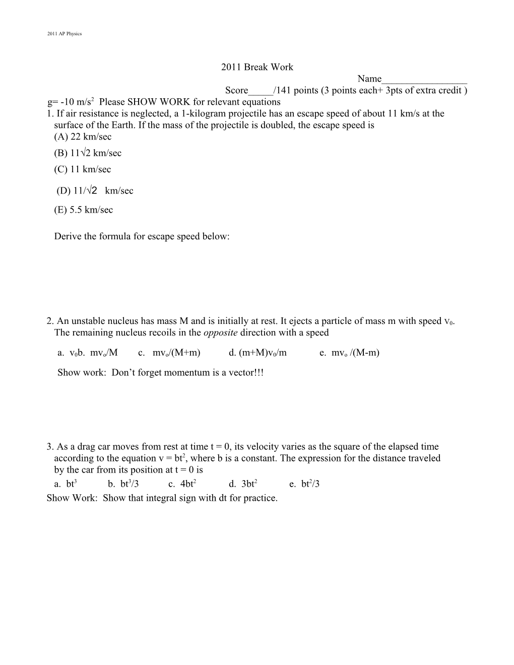 Score_____/141 Points (3 Points Each+ 3Pts of Extra Credit )