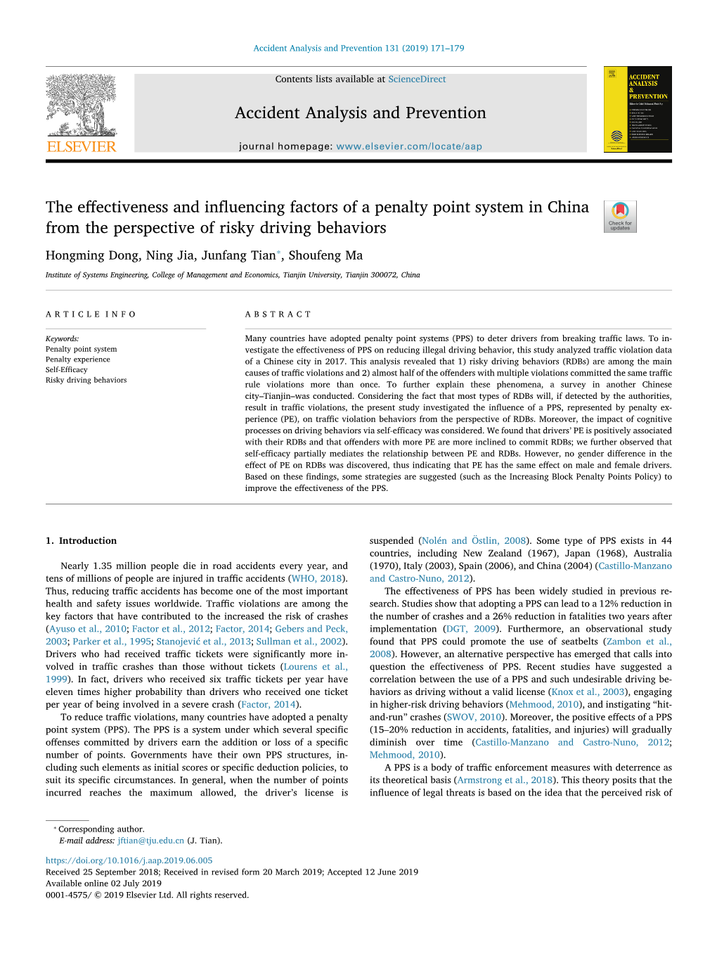 The Effectiveness and Influencing Factors of a Penalty Point System In